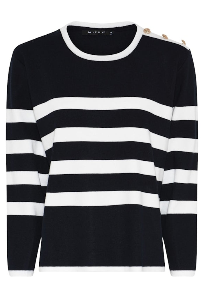 Navy and Off White Striped Jumper with Gold Buttons