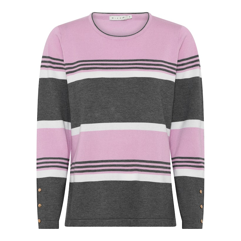 Rose and Grey Striped Jumper with Gold Buttons