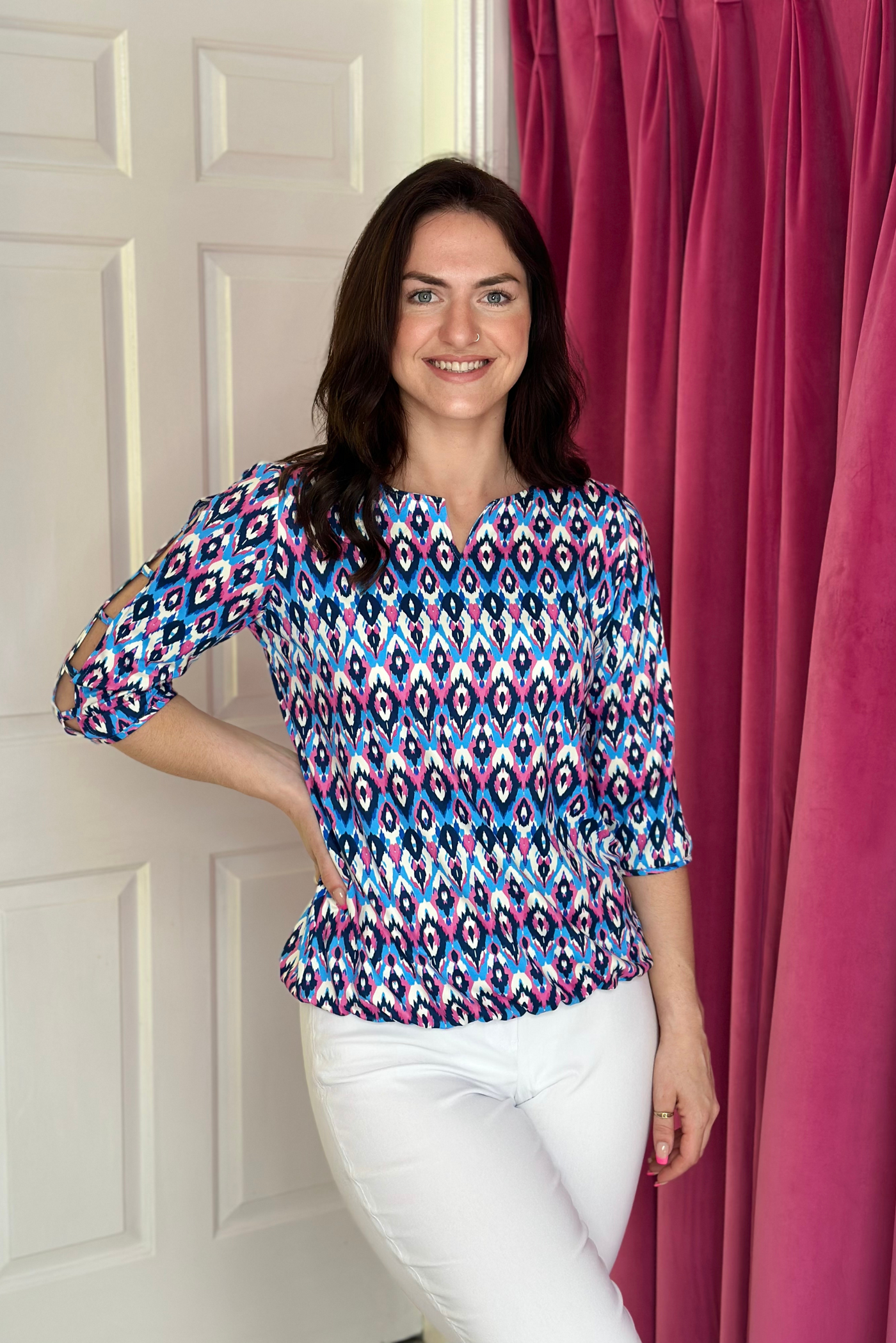Pink and Blue Top with Lattice Effect Sleeves