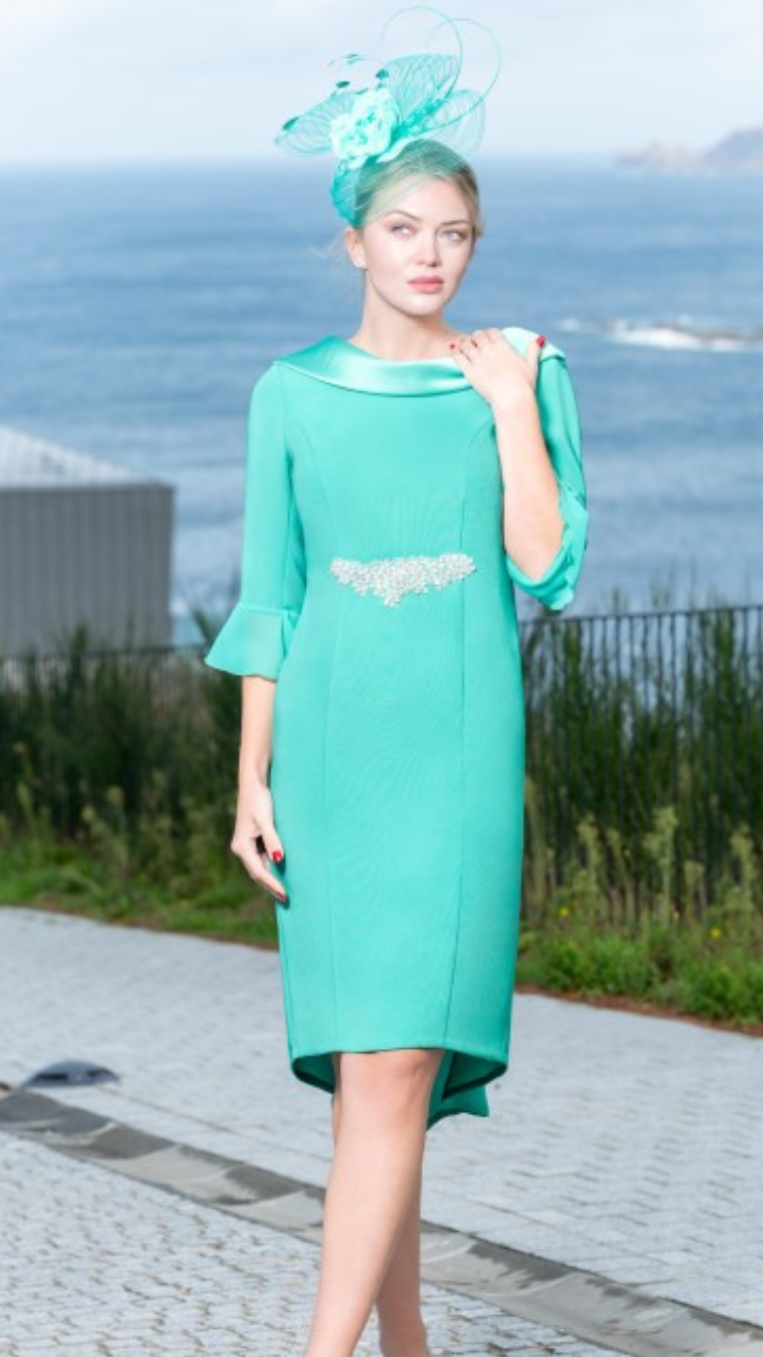 Green Cowl Neck Dress with Front Embellishment