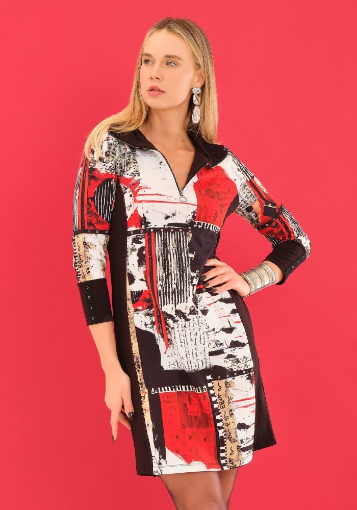 Red and Black Artistic Print Dress with Zip Detail