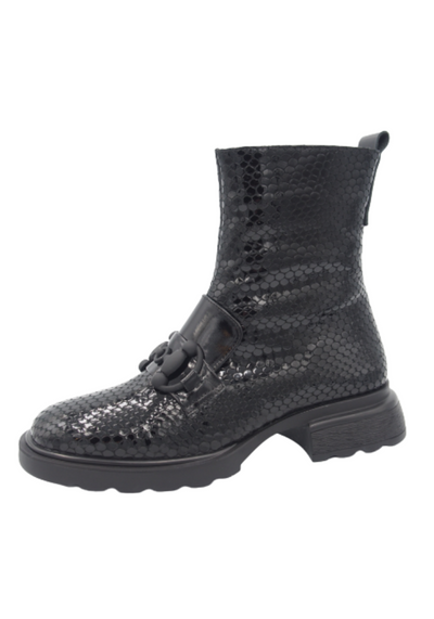 Grey Patent Snake Print Boot with Buckle Detail and Side Zip