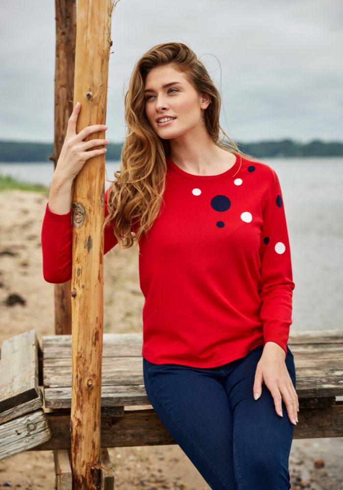 Red Jumper with Navy and White Polka Dots