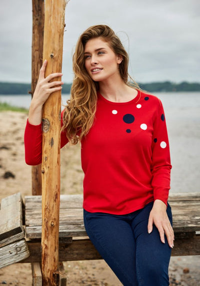 Red Jumper with Navy and White Polka Dots