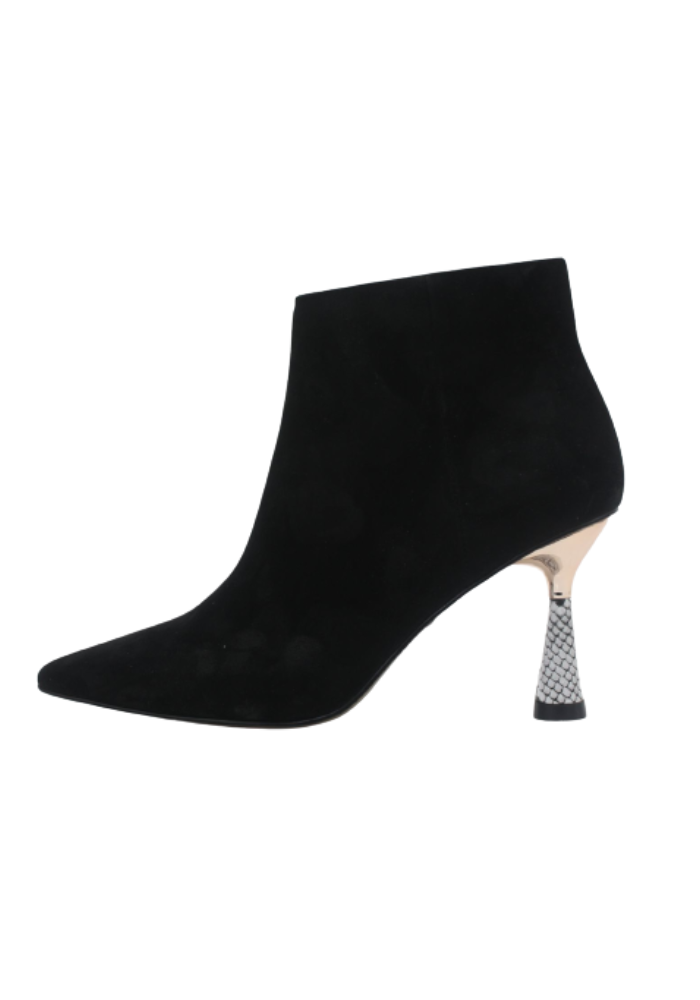 Black Suede Boot with Pointed Toe and Snake Print Heel