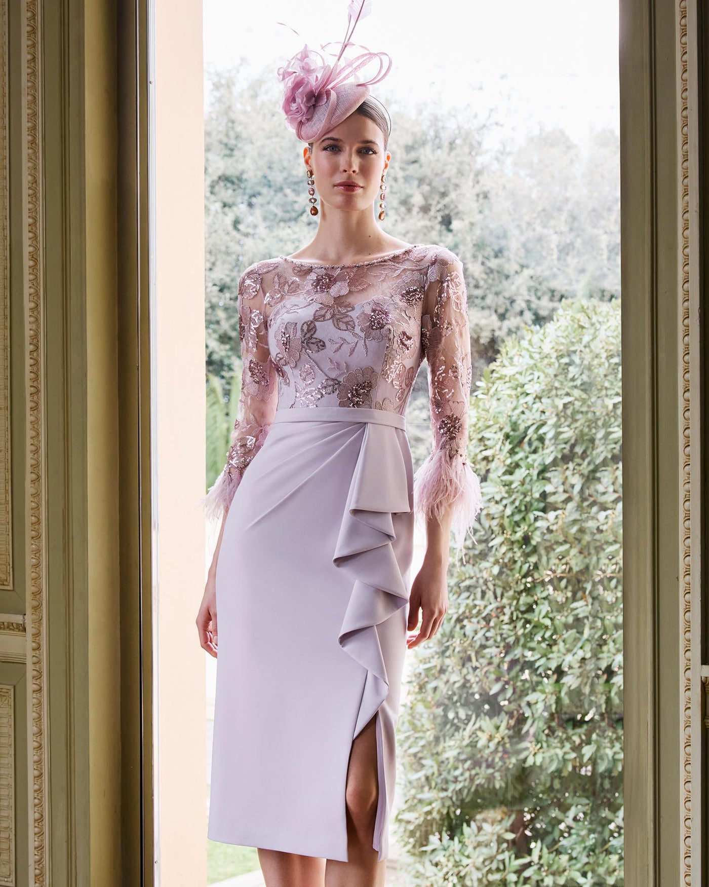 Pale Rose Dress with Floral Sequin and Feather Detail