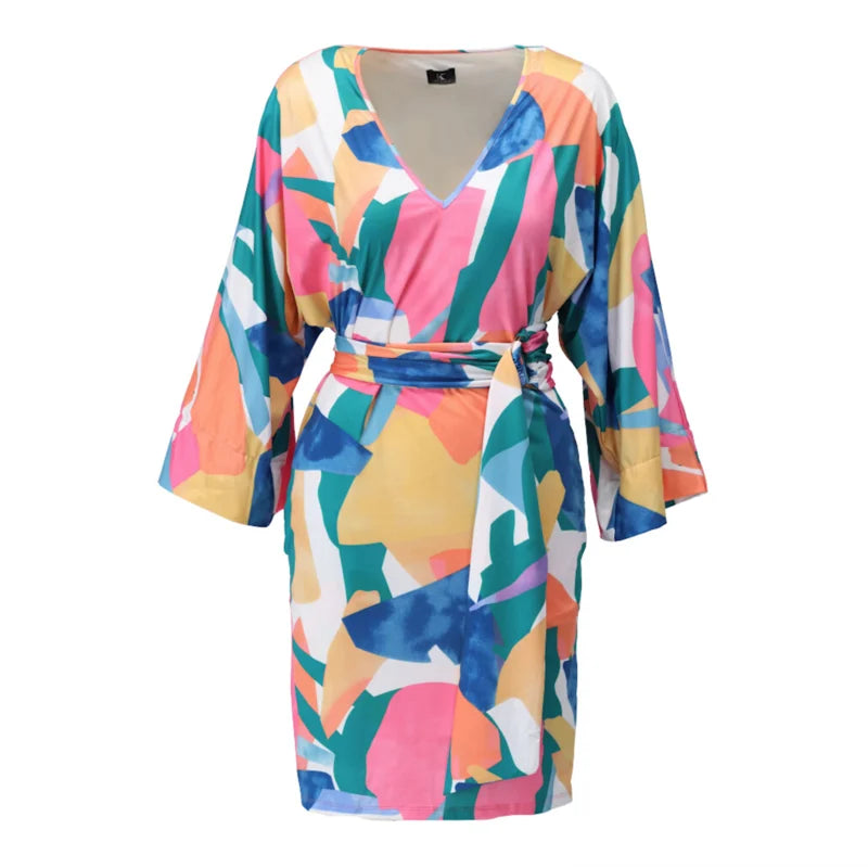 V-Neck Abstract Print Dress with Belt