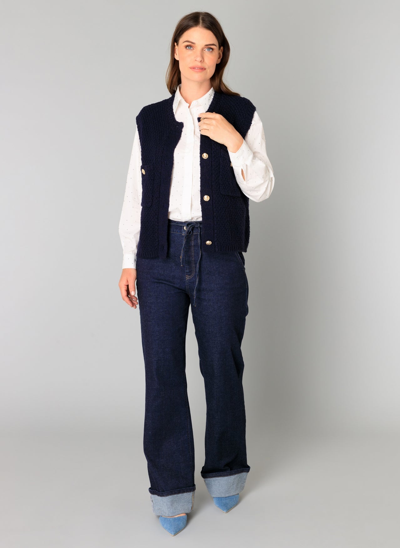 Brenda Chunky Knit Navy Vest with Buttons