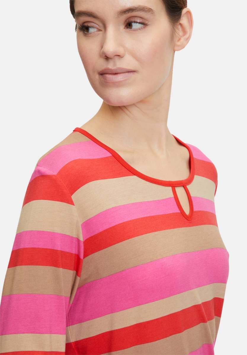 Red, Pink & Beige Striped Top with 3/4 Sleeves