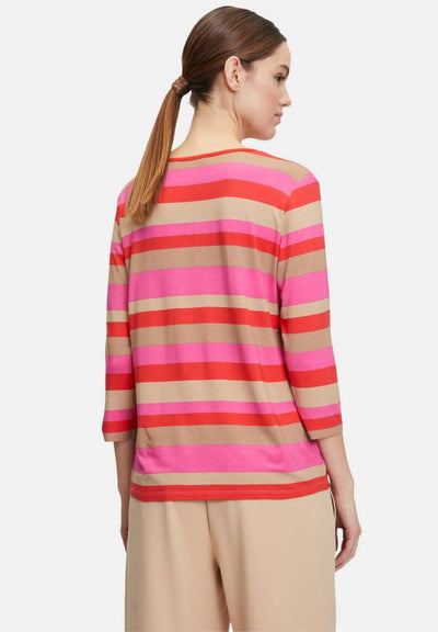 Red, Pink & Beige Striped Top with 3/4 Sleeves