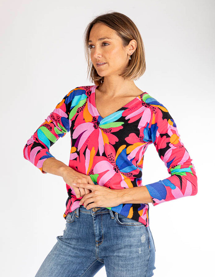Pink Floral Print V-Neck Jumper