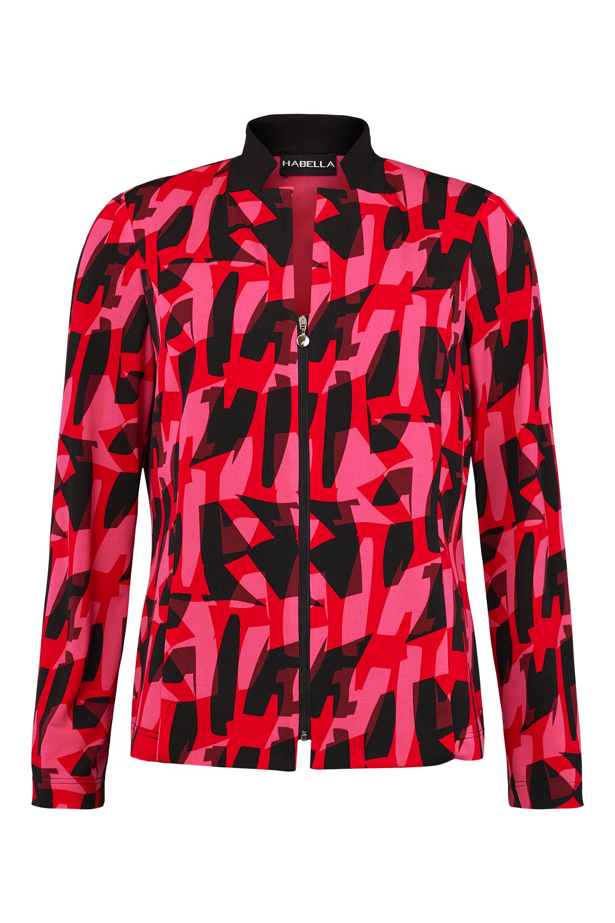 Pink/Red/Black Geometric Print Zip Up Jacket With Notched Collar