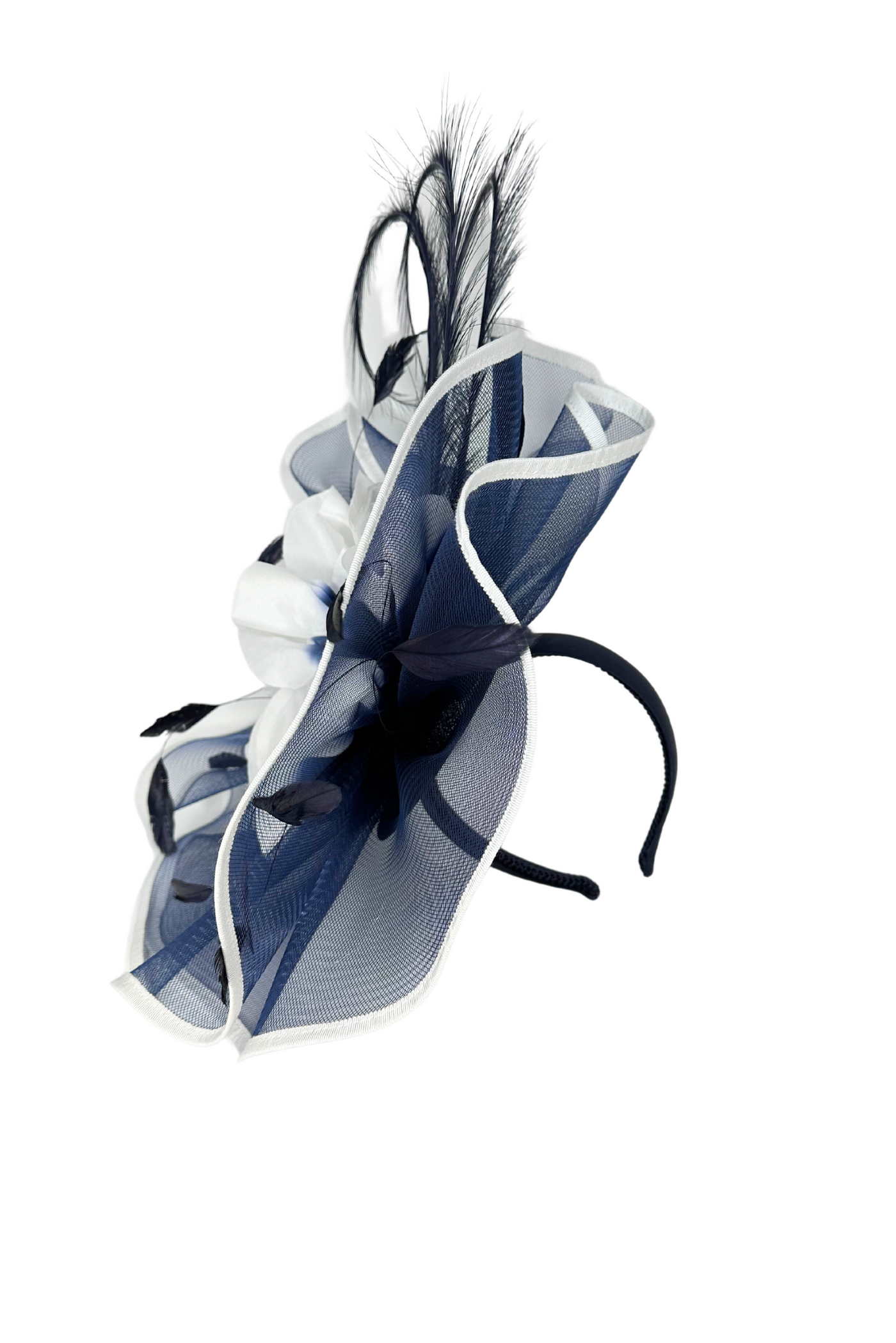 Navy & White Fascinator Hat With Floral & Feather Detail