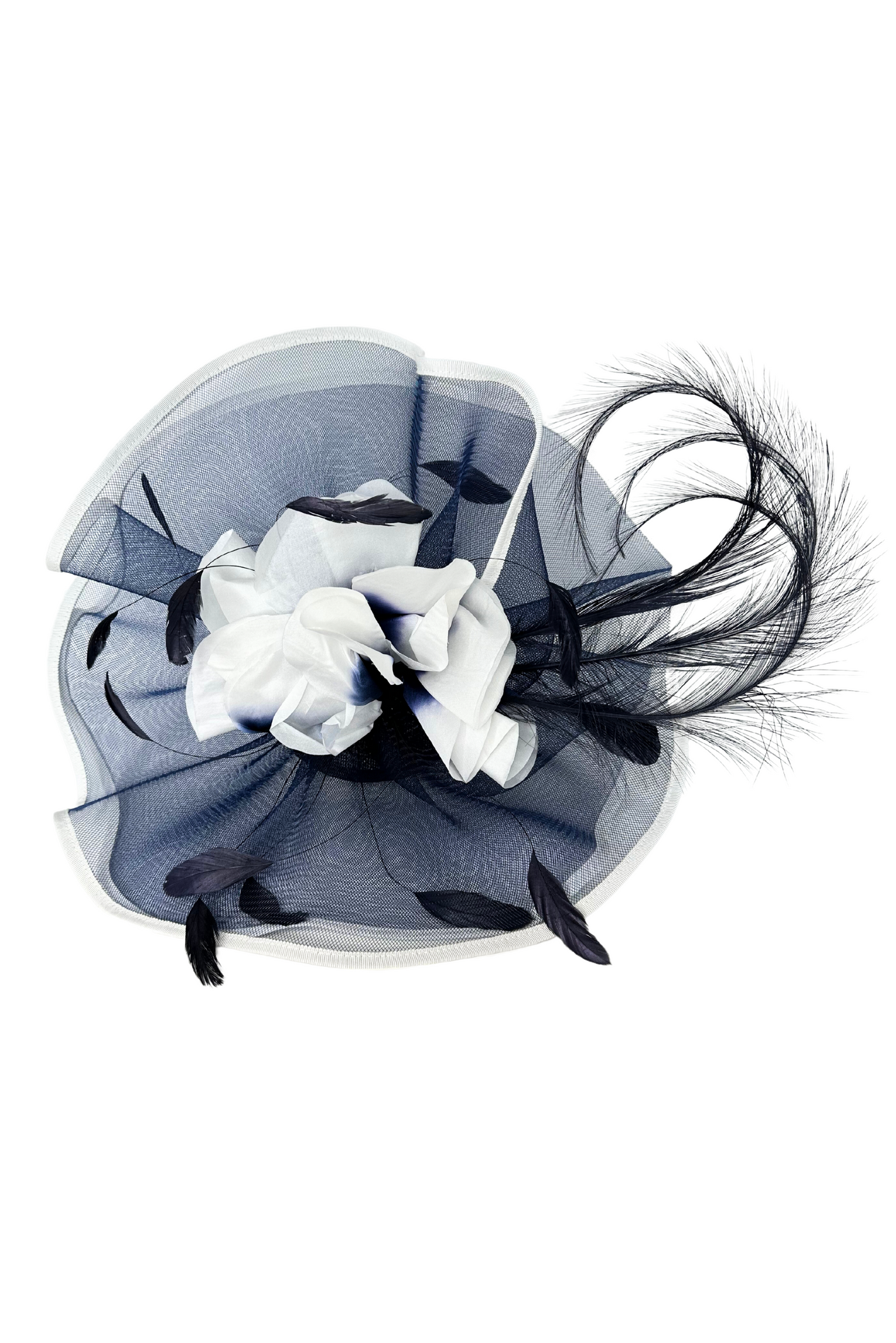 Navy & White Fascinator Hat With Floral & Feather Detail