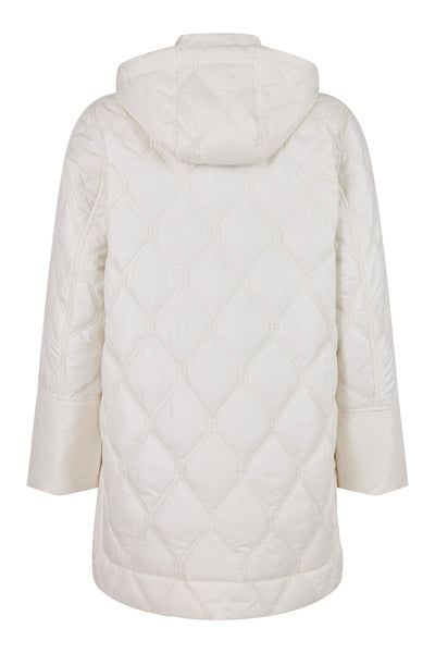 Long Cream Puffer Jacket with Hood & Oversized Front Pockets