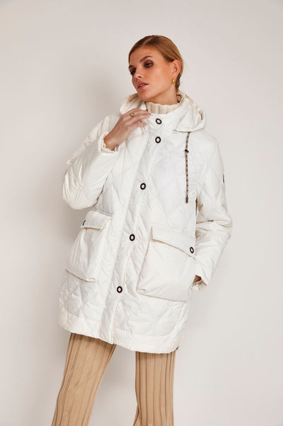 Long Cream Puffer Jacket with Hood & Oversized Front Pockets