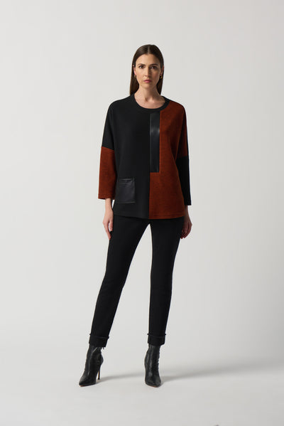 Joseph Ribkoff Color Block Top with 3/4 Sleeves and Leatherette Detail