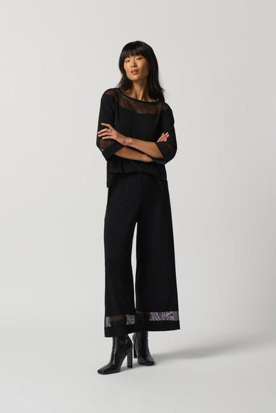 Joseph Ribkoff Black Jumpsuit with 3/4 Sleeve and Mesh Detailing
