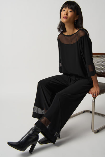 Joseph Ribkoff Black Jumpsuit with 3/4 Sleeve and Mesh Detailing