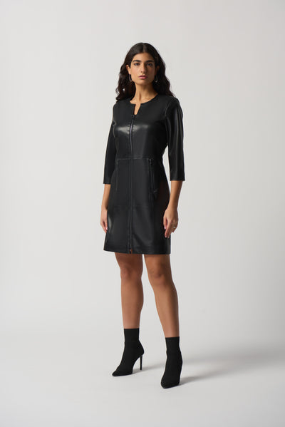Joseph Ribkoff Black Faux Leather A Line Dress with Front Zip and Pockets