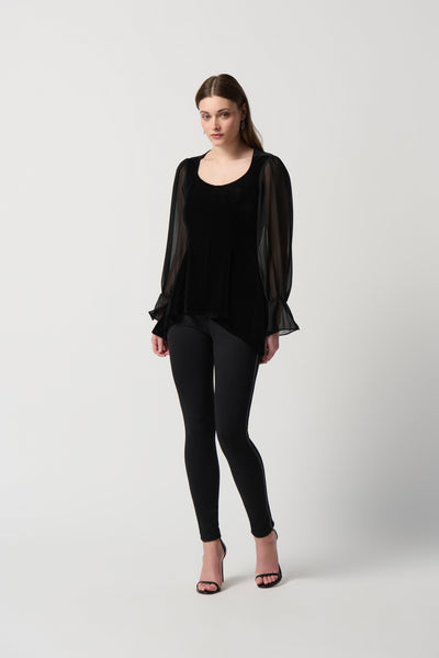 Joseph Ribkoff Black Velvet And Chiffon High-Low Top With Puffed Sleeves