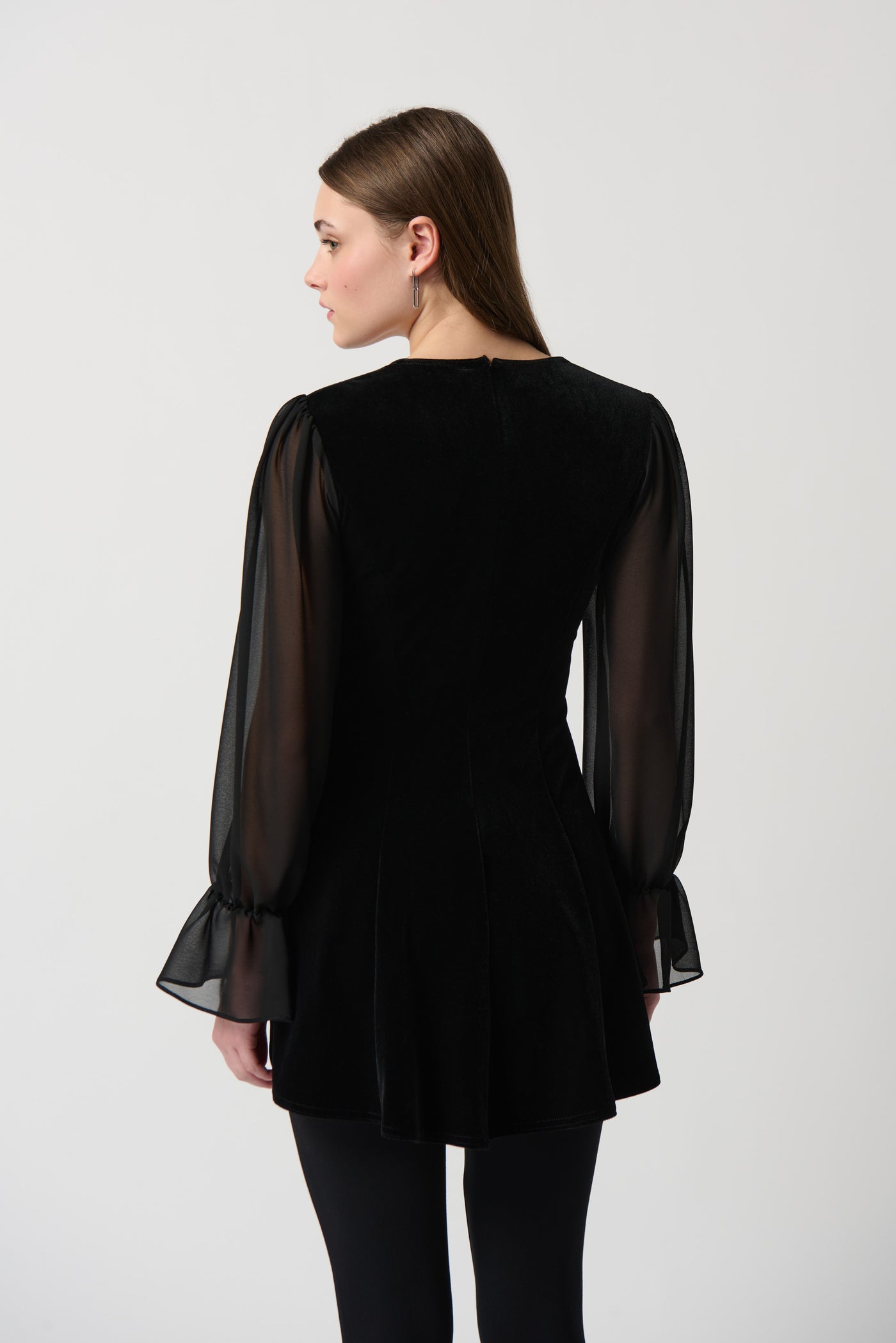 Joseph Ribkoff Black Velvet And Chiffon High-Low Top With Puffed Sleeves