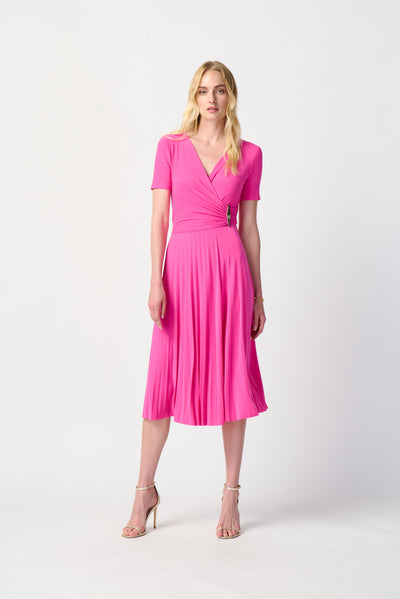 Joseph Ribkoff Ultra Pink Silky Knit Pleated Wrap Dress
