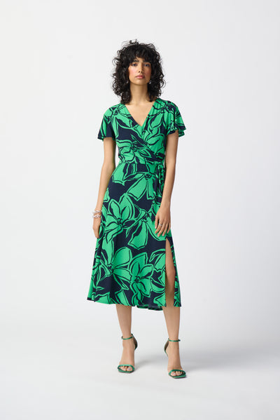 Joseph Ribkoff Green & Navy Floral Print Wrap Dress