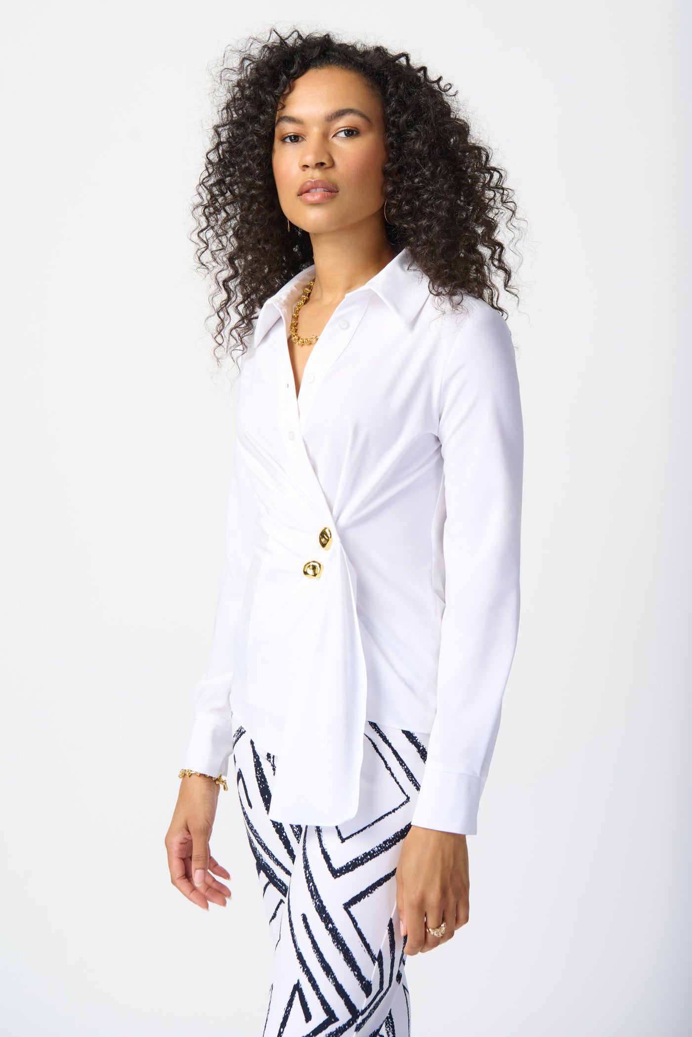 Joseph Ribkoff White Wrap Blouse with Asymmetrical Front & Gold Buttons
