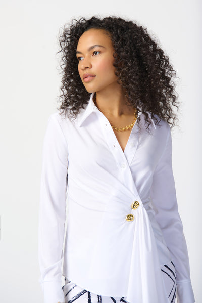 Joseph Ribkoff White Wrap Blouse with Asymmetrical Front & Gold Buttons