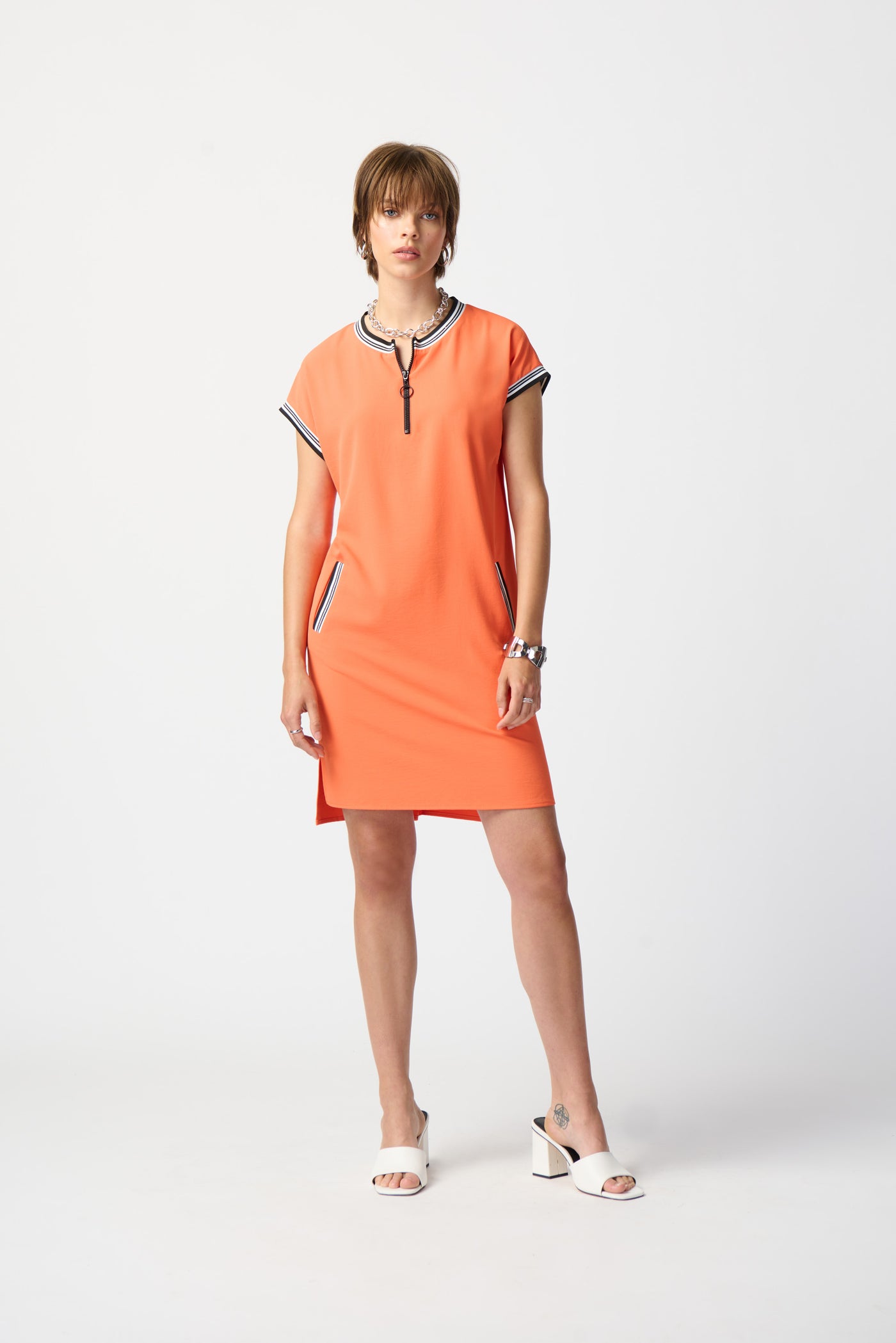 Joseph Ribkoff Orange Straight Dress With Rib Trimming & Zip