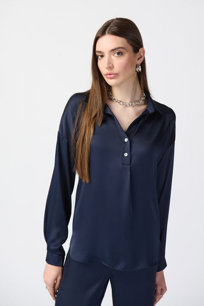 Joseph Ribkoff Midnight Blue Long Sleeve Satin Shirt