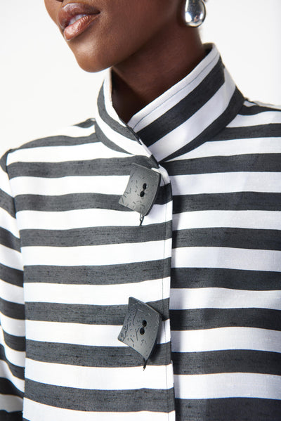 Joseph Ribkoff Black & Off White Striped Jacquard Trapeze Jacket