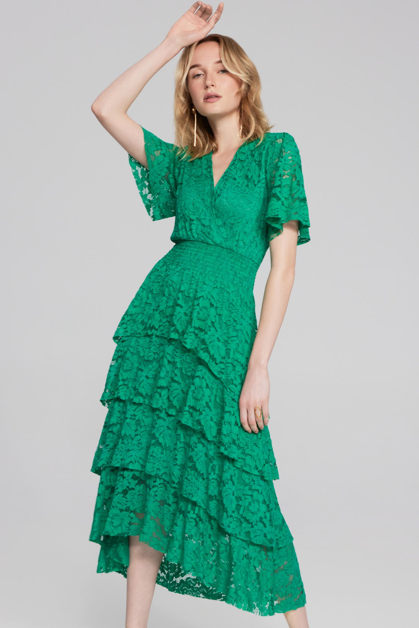 Joseph Ribkoff Noble Green Lace Ruffled A-Line Dress