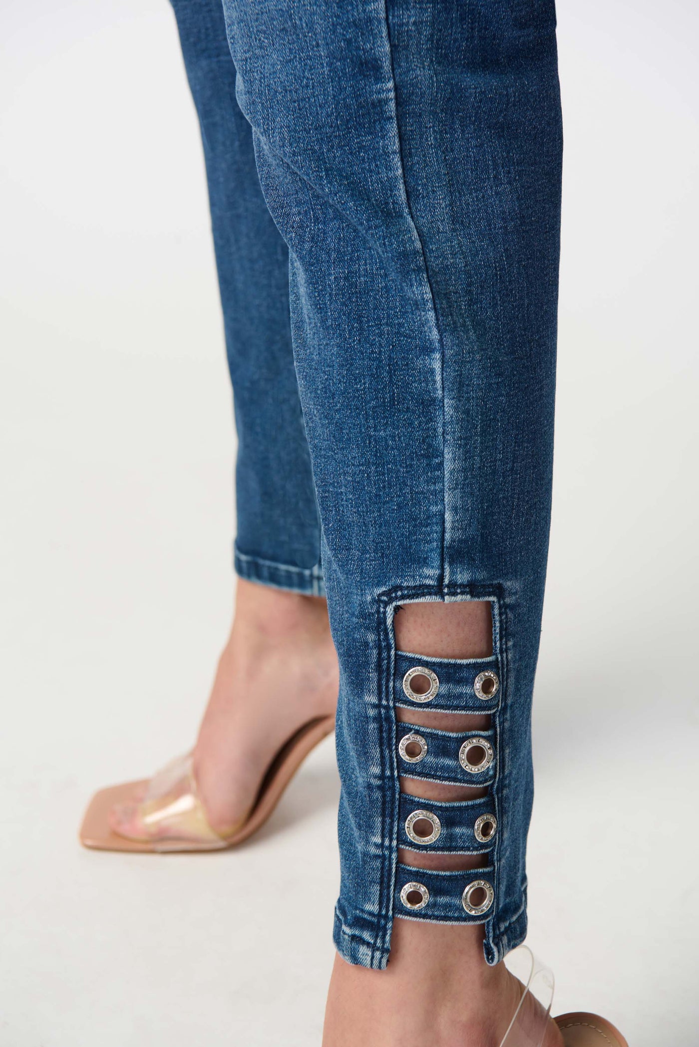 Joseph Ribkoff Medium Denim Blue Slim Jeans with Embellished Hem