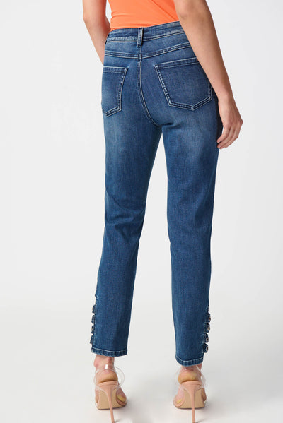 Joseph Ribkoff Medium Denim Blue Slim Jeans with Embellished Hem
