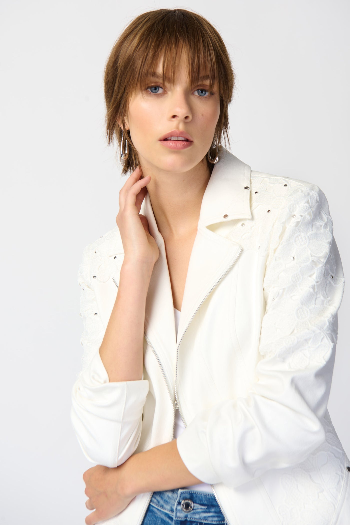 Joseph Ribkoff Vanilla Studded Foiled Suede Jacket with Floral Appliqué