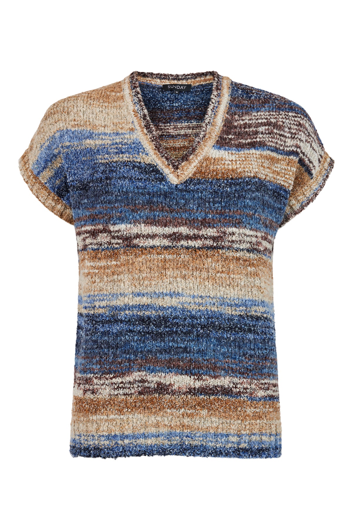 Blue, Brown & Beige Sleeveless Knit V-Neck Jumper