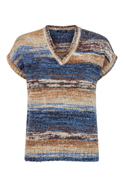 Blue, Brown & Beige Sleeveless Knit V-Neck Jumper