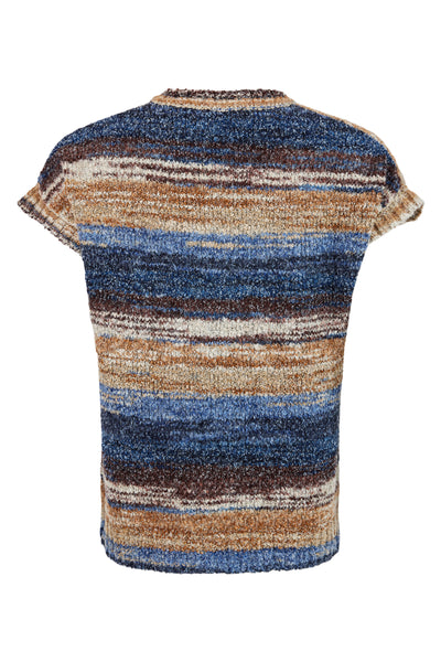 Blue, Brown & Beige Sleeveless Knit V-Neck Jumper