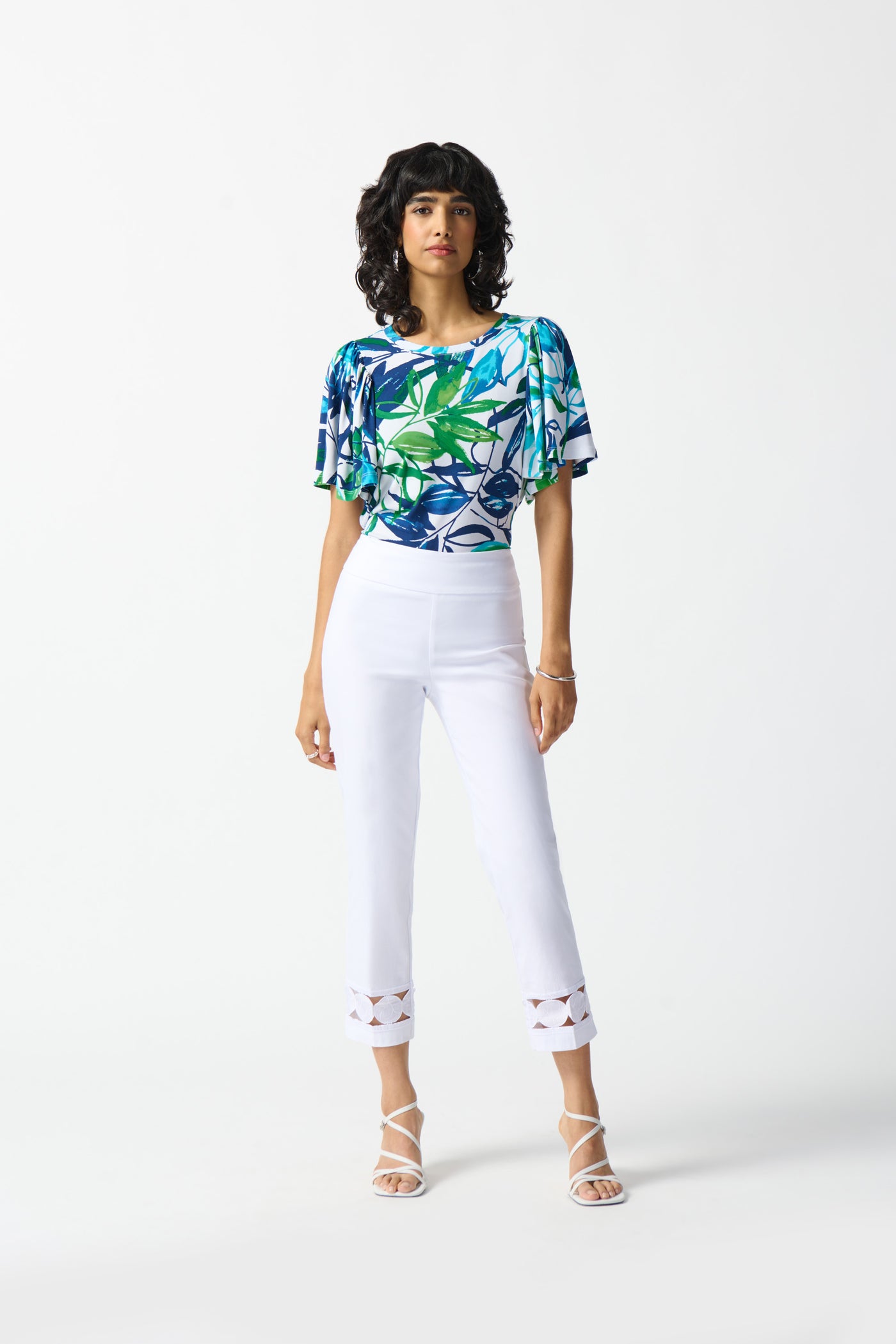 Joseph Ribkoff Blue and Green Tropical Print Top with Butterfly Sleeve