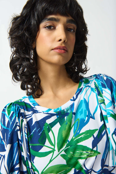 Joseph Ribkoff Blue and Green Tropical Print Top with Butterfly Sleeve