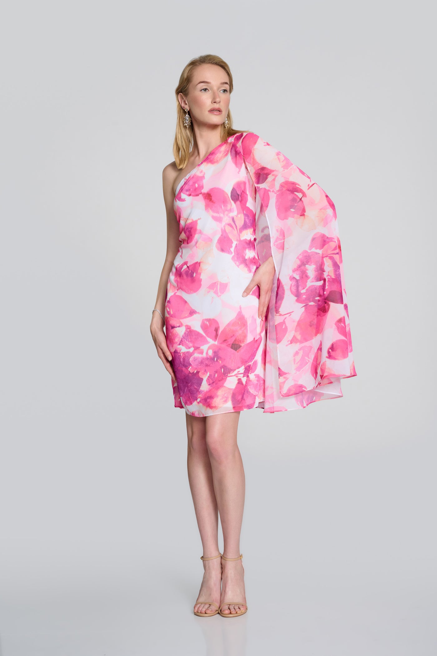 Joseph Ribkoff Pink & Vanilla Chiffon Floral One Shoulder Cape Dress