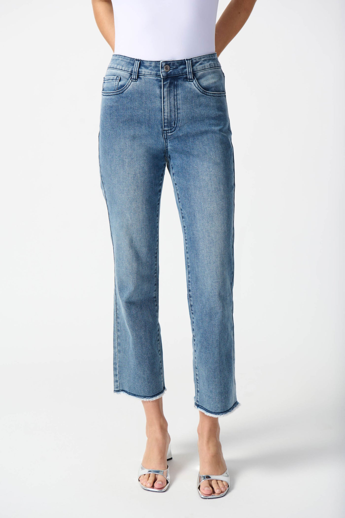 Joseph Ribkoff Medium Blue Denim Frayed Hem Straight Jeans