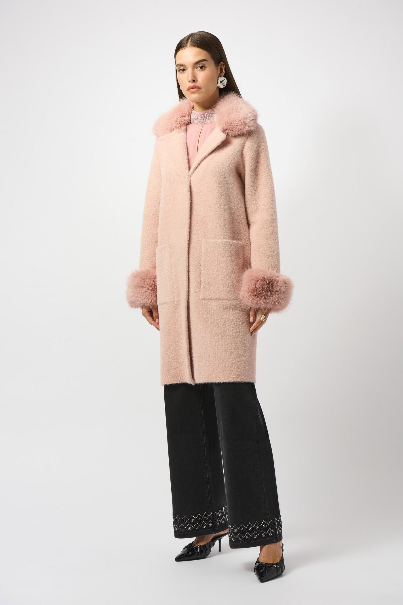 Joseph Ribkoff Rose Feather Yarn and Faux Fur Sweater Coat