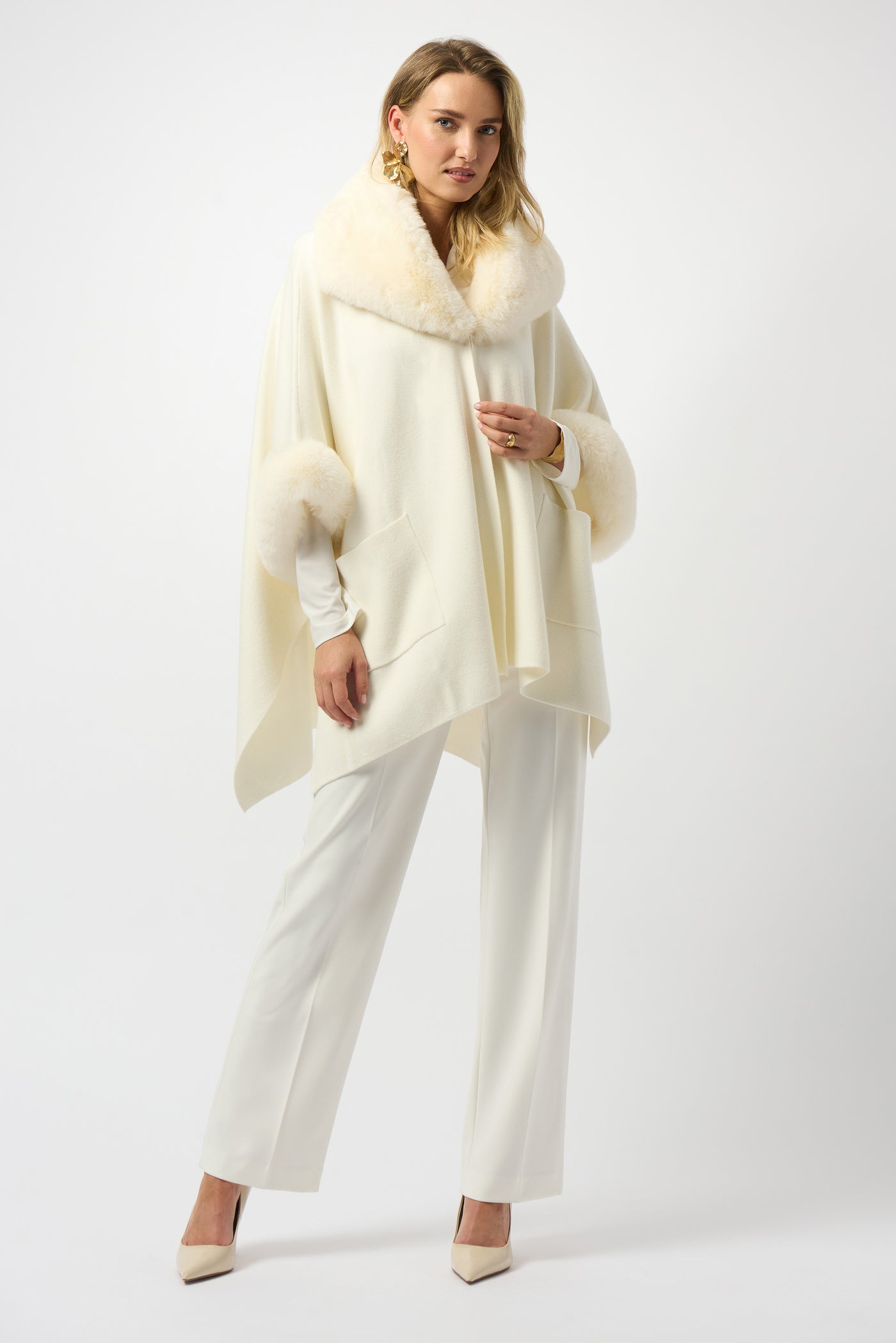 Joseph Ribkoff Vanilla Brushed Jacquard and Faux Fur Cape