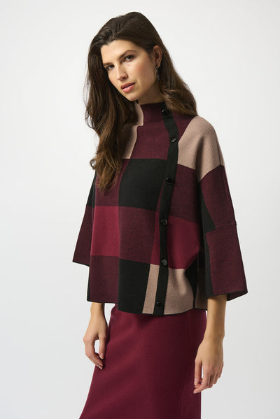 Joseph Ribkoff Merlot Plaid Jacquard Sweater Knit Top