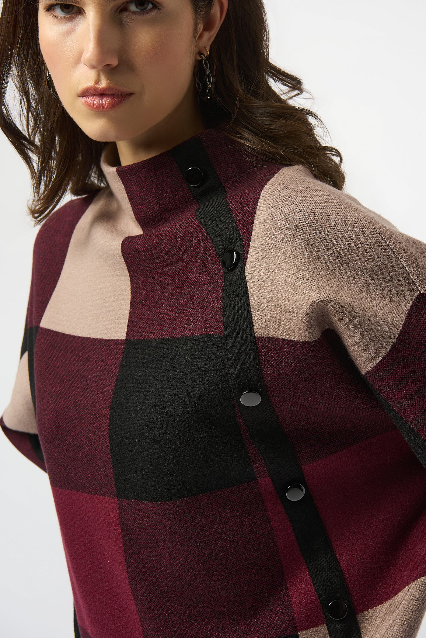 Joseph Ribkoff Merlot Plaid Jacquard Sweater Knit Top