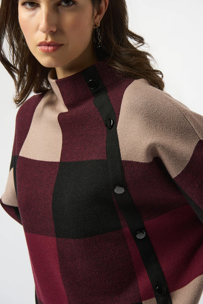 Joseph Ribkoff Merlot Plaid Jacquard Sweater Knit Top