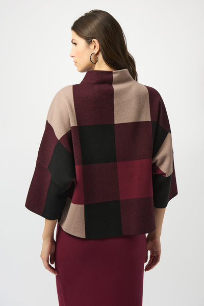 Joseph Ribkoff Merlot Plaid Jacquard Sweater Knit Top
